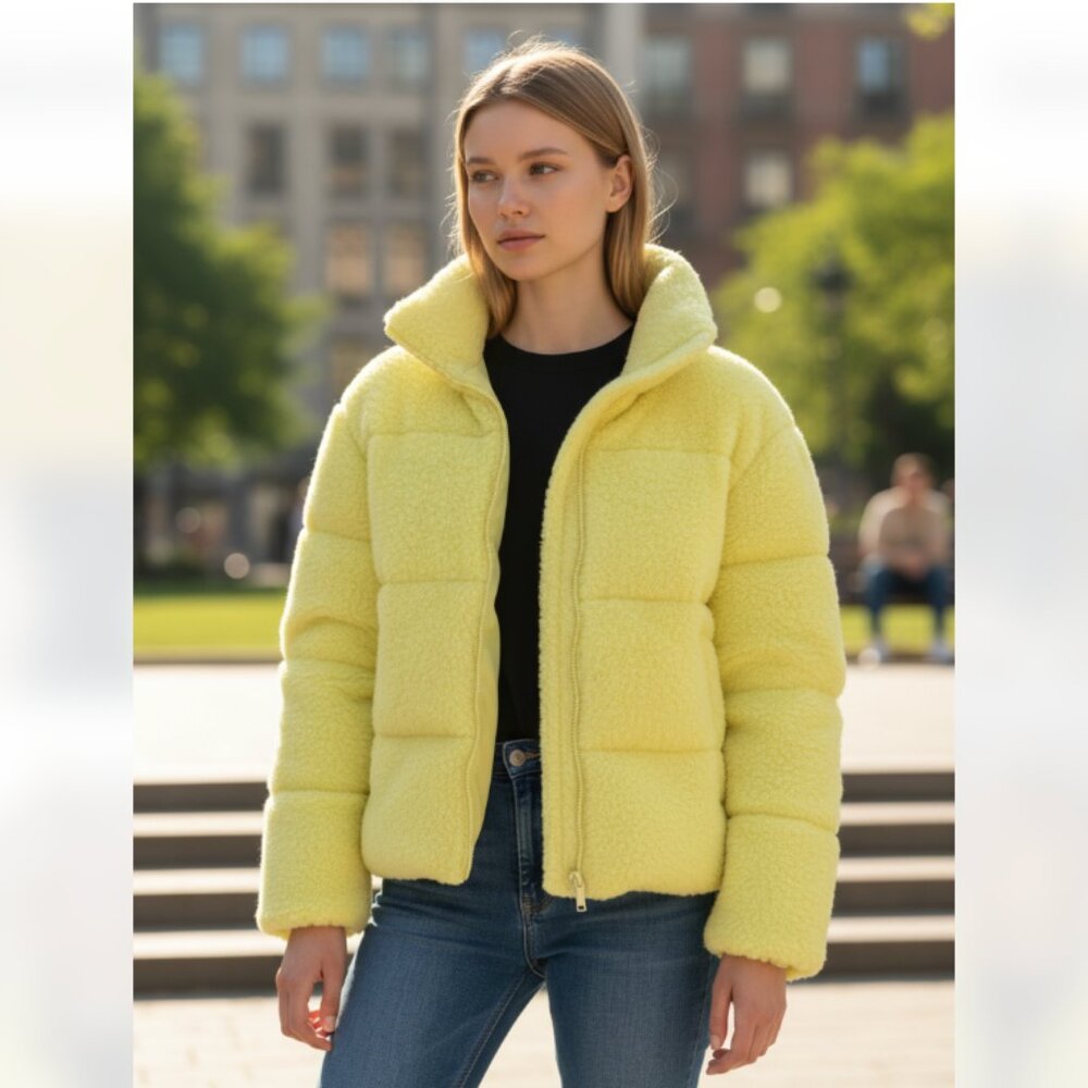 NWOT UGG Emmalyn UGGfluff Oversized-fit push fleece Puffer Jacket Lemon Yellow